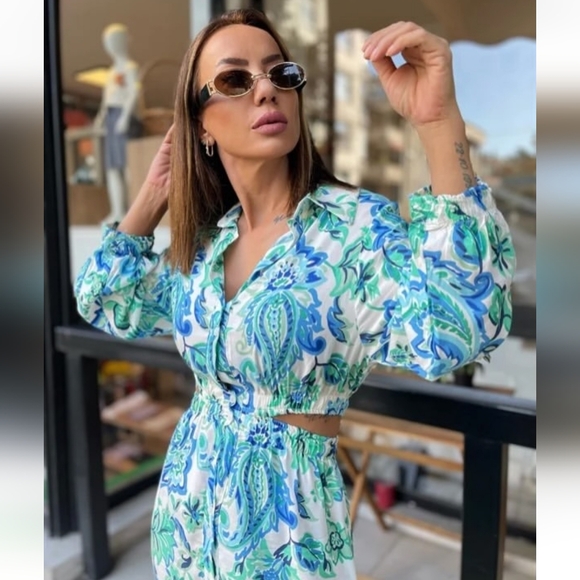 Zara Blue and Green Cut Out Midi Shirt Dress Size Medium (Bloggers Favorite) - Picture 2 of 16